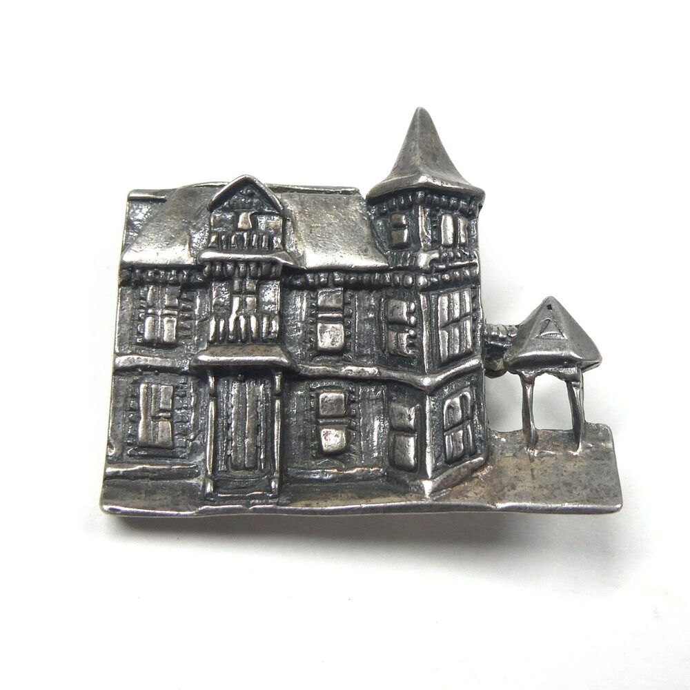 Massachusetts Victorian House Mansion Pin 925 Sterling Silver Vintage Brooch